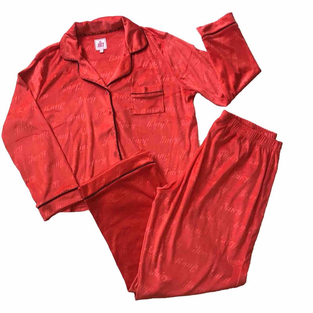 Y2k Juicy By Juicy Couture Red Women XL Velvet Velour Embossed Top Bottom Pajama